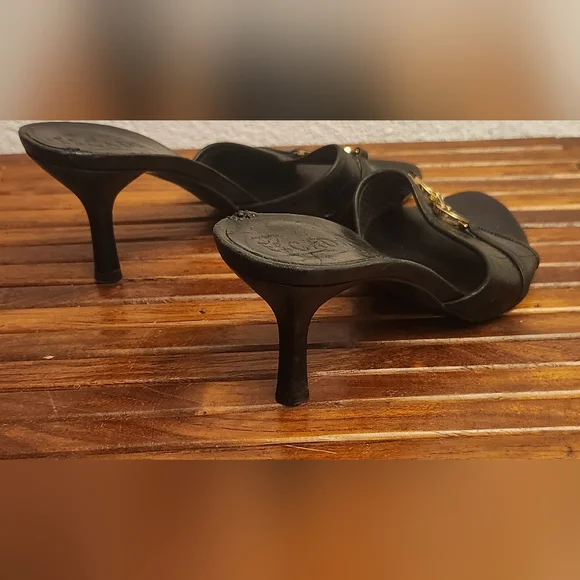 Escada Black Leather Heels with Gold Accent - Picture 7 of 12